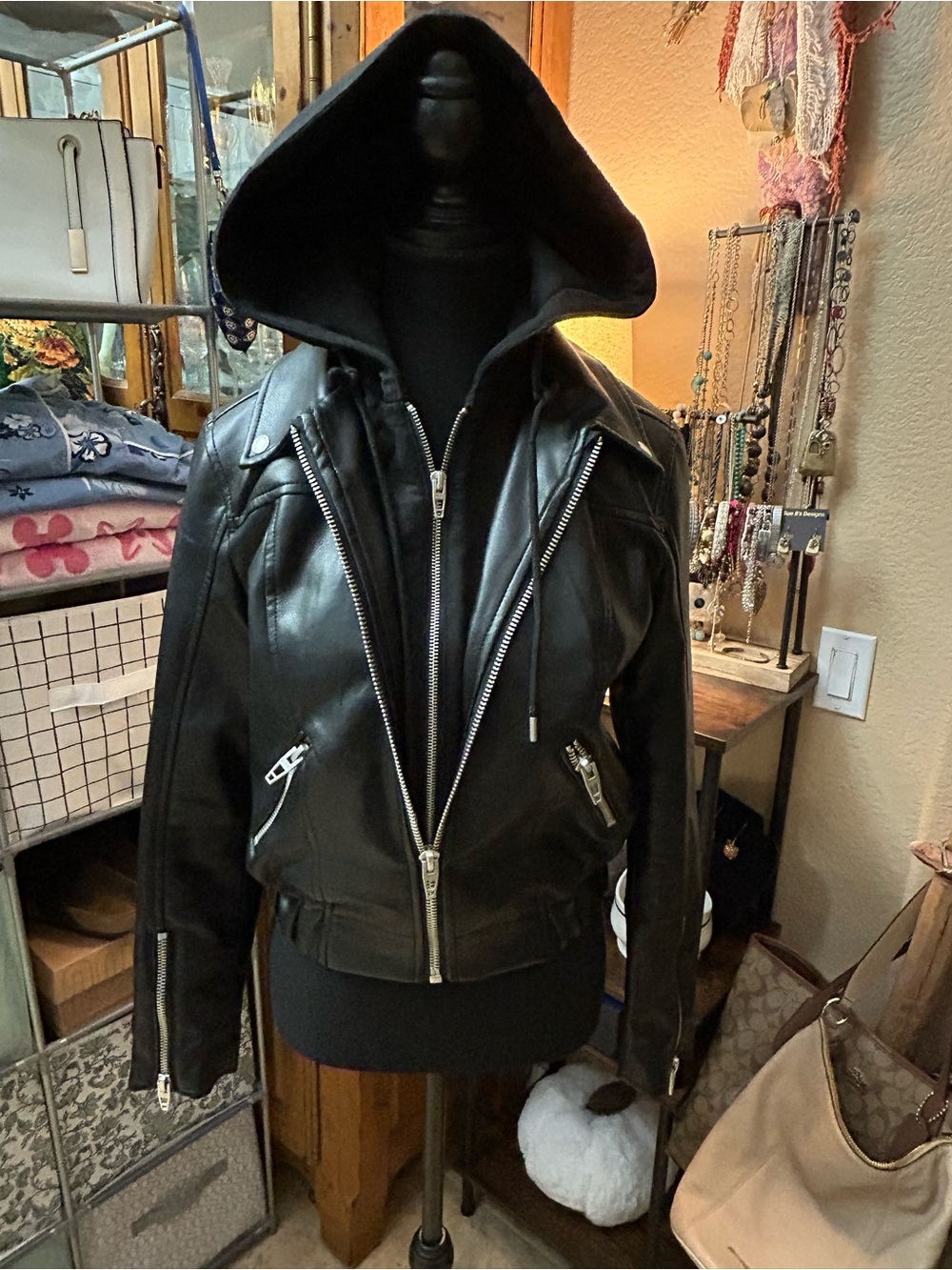 Blank NYC Black Leather Hooded Moto Jacket with Silver Hardware